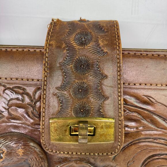 Vintage Brown Leather Hand Tooled Mexican Bag Purse with Duck Pond Scene - Picture 4 of 16